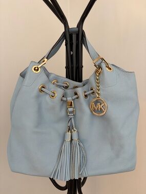 Michael Kors Light Blue Pebbled Leather Drawstring Hobo with Tassels